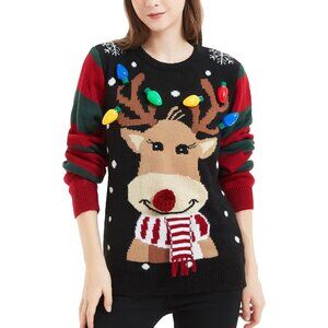 Women's Black Christmas Reindeer Traditional Knitted Pullover Cardigan Sweater